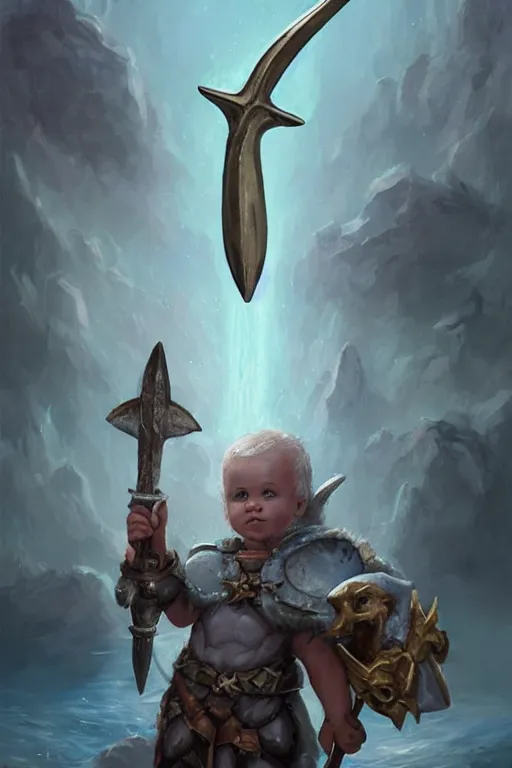 Image similar to Cute Francis pope holding a trident of Poseidon, Francisco pope, tiny, small, miniature bear, baby , short, pale blue armor, cute and adorable, pretty, beautiful, DnD character art portrait, matte fantasy painting, cgsociety Artstation, by Jason Felix by Steve Argyle by Tyler Jacobson by Peter Mohrbacher, cinematic lighting