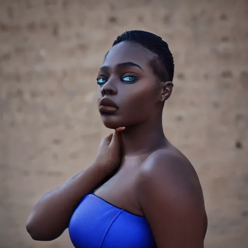 Image similar to portrait face of a curvy beautiful gorgeous black edgy model girl with short hair, bikini, big leaps, blue eyes, she's sad, sunset, street of africa at night, 8 0 mm lens, 1. 2 aperture, grainy image, close up, cinematic light, 8 k, 4 k, very detailed, depressing atmosphere, cover magazine