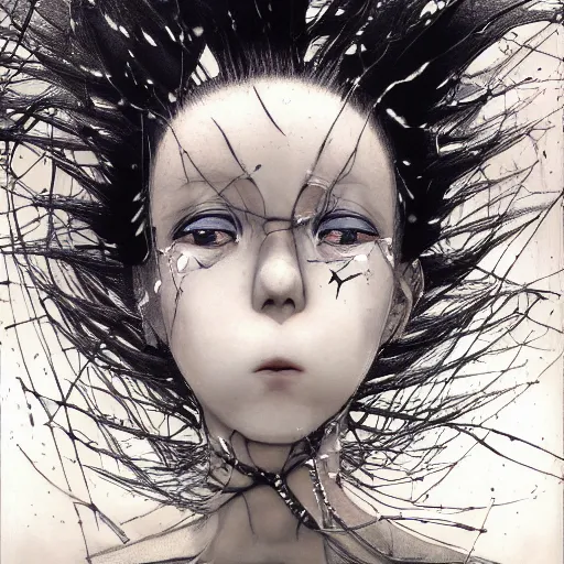 Image similar to Yoshitaka Amano realistic illustration of an anime girl with white hair and cracks on her face wearing dress suit with tie fluttering in the wind, abstract black and white patterns on the background, noisy film grain effect, highly detailed, Renaissance oil painting, weird portrait angle