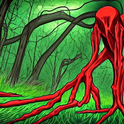 Image similar to ultra realisic creepy long leg monster cover of roten flowers in a dark forest at midnight