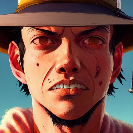 Image similar to highly detailed portrait luffy in gta v, stephen bliss, unreal engine, fantasy art by greg rutkowski, loish, rhads, ferdinand knab, makoto shinkai and lois van baarle, ilya kuvshinov, rossdraws, tom bagshaw, global illumination, radiant light, detailed and intricate environment