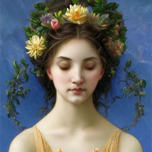 Image similar to portrait of flower goddess, full body, cute detailed face, bay leafes, tendrils, intricate, elegant, highly detailed, digital painting, artstation, concept art, smooth, sharp focus, illustration, art by artgerm and greg rutkowski and alphonse mucha and william - adolphe bouguereau and stephanie law