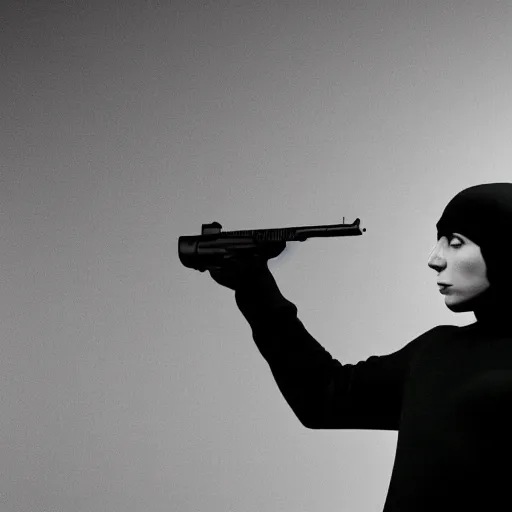 Prompt: A spy in a black turtleneck sweater pointing a gun equipped with a suppressor