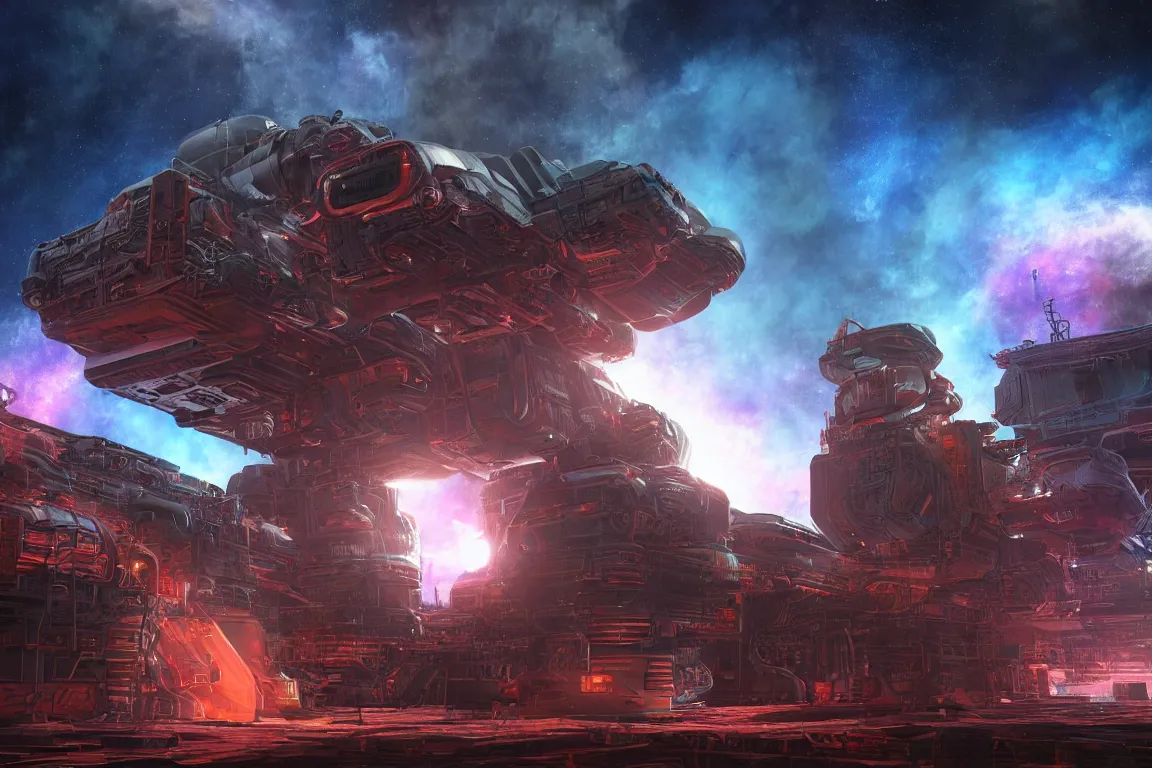 Prompt: warm colors, high contrast dark hyperreal deep space dock mining platform with massive piping inspired by nuclear reactor core, submarine, star citizen, oblivion, the expanse, mandelbulb 3 d, high tech industrial, dramatic nebula sky, volumetric lighting