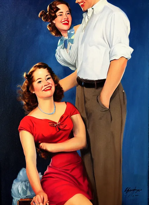 Prompt: portrait painting of jim halpert and pam beesly, happy couple, in the style of gil elvgren