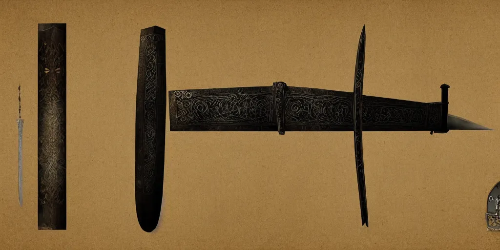 Image similar to reference sheet of ancient sword on black background, matte painting