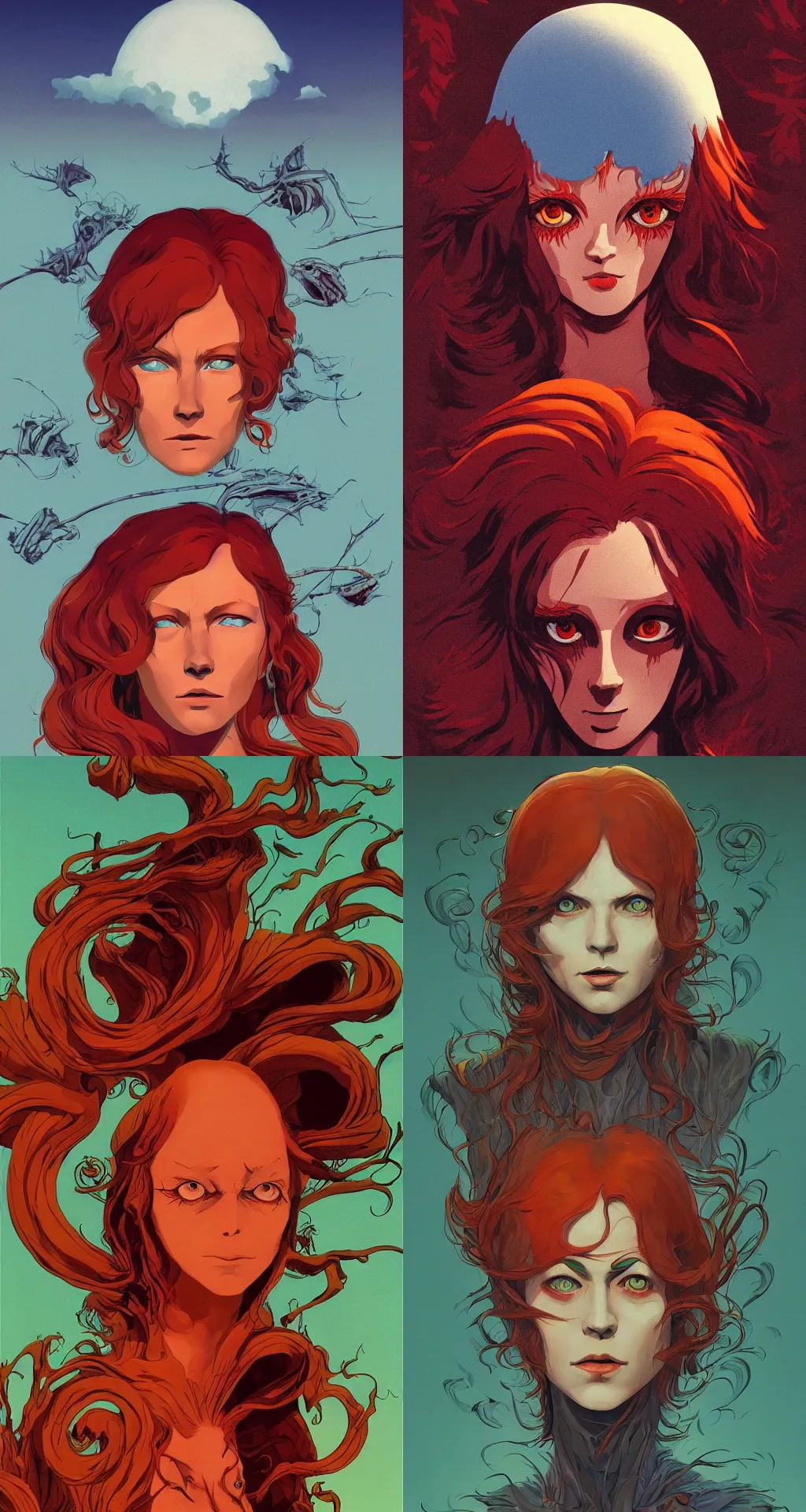 Prompt: beautiful redhead orange eyes, roger dean artstyle, trending on artstation + incredible detail, portrait, symmetric, horrormovieidea | in the style of studio Ghibli and 1960s americana Comics, HQ 8k scan