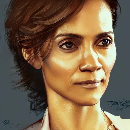 Image similar to portrait of maci holloway, first woman elected as president in usa, cold but beautiful, about 3 5 years old, highly detailed, mix of halle berry and julia roberts gong li,, artstation hd, deviantart, by artgem, greg rutkowski