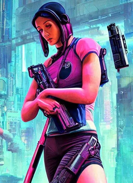 Prompt: beautiful cyberpunk female athlete wearing pink athletic gear. firing a futuristic red automatic pistol with huge magazine. ad for pistol. cyberpunk poster by james gurney, azamat khairov, and alphonso mucha. artstationhq. gorgeous face. painting with vivid color, cell shading. ( rb 6 s, cyberpunk 2 0 7 7 )