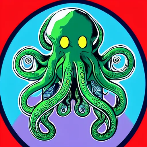 Image similar to hyper realistic award winning illustration by jamie mckelvie of in frame cute cthulhu moving it's tentacles against a blue background, digital art