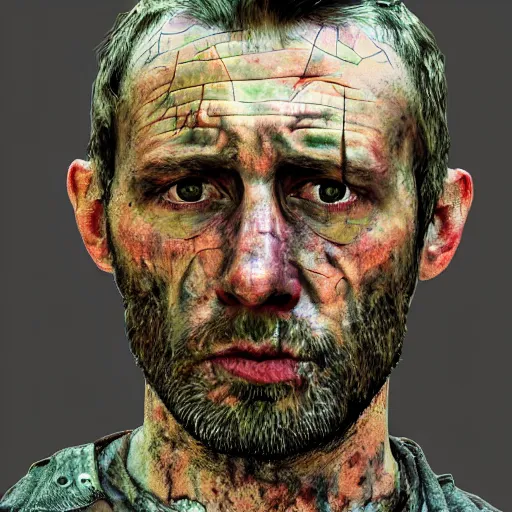 Image similar to a messed up grunged up colorized mugshot of saul goodmain, grainy, messy, grunged up, low resolution, low quality, realistic, hyperrealistic, 8 k resolution, hd quality, detailed, very detailed, highly detailed, intricate details, trending on artstation, colored, colorized