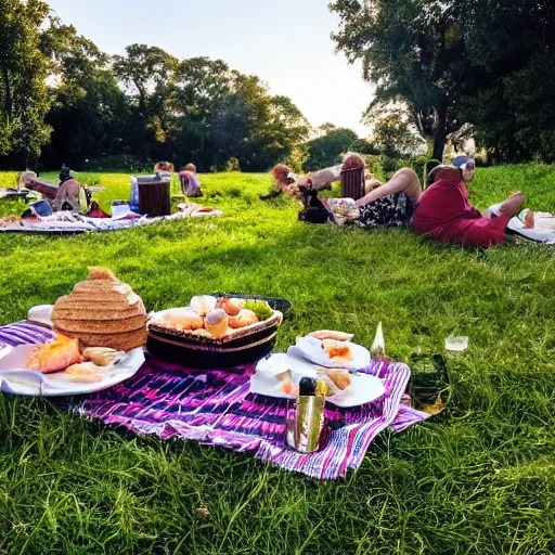 Prompt: a wonderful picnic beneath blue sky with puffy clouds the day glorious with portend and omen as fireworks light the encroaching twilight on the horizon