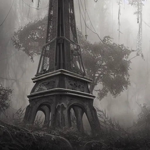 Prompt: steampunk mechanical machine reminiscent of eiffel tower surrounded by dense mystic forest with vines hanging from tree branches, fog, desaturated, creepy ambiance, sharp focus, highly detailed, artgerm, cgsociety, giger