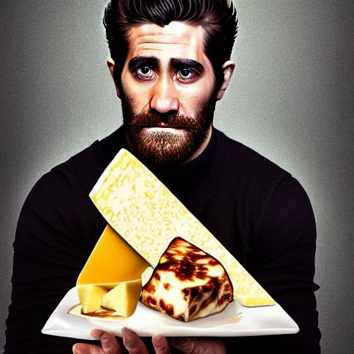 Image similar to food photography of jake gyllenhaal's face fused with halloumi cheese ( ( white halloumi cheese hybrid with jake gyllenhaal face ) ), jake gyllenhaal sentient cheese man, by greg rutkowski