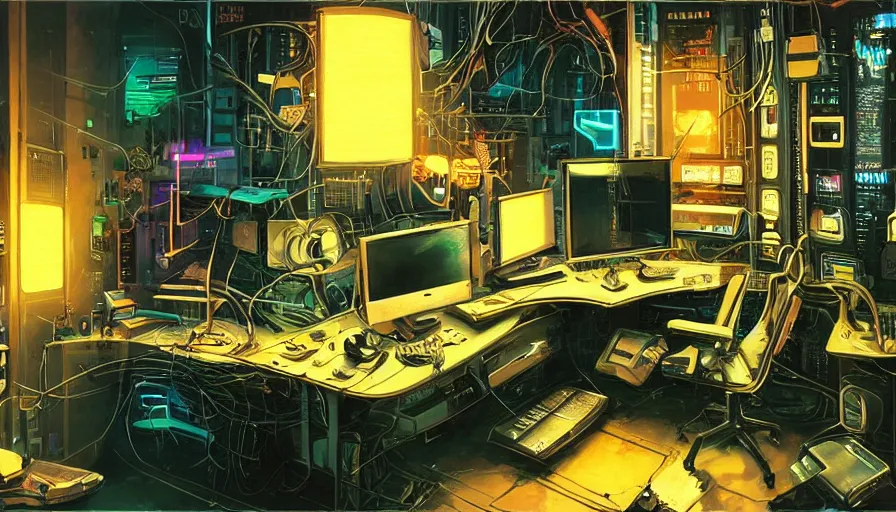 Image similar to A highly detailed rendering of a Cyberpunk hackers bedroom which has sophisticated hi-tech computers surrounded by messy cables, soft neon lighting, reflective surfaces, sci-fi concept art, by Syd Mead, highly detailed, oil on canvas