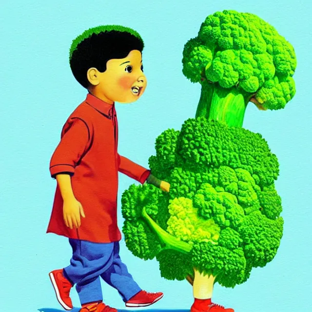 Prompt: professional kids book illustration of a Pakistani toddler boy walking beside a friendly anthropomorphic broccoli, best on artstation,, astonishing, impressive, outstanding, cheerful, stunning, masterpiece by Maurice Sendak, Eric Carle, and Beatrix Potter.