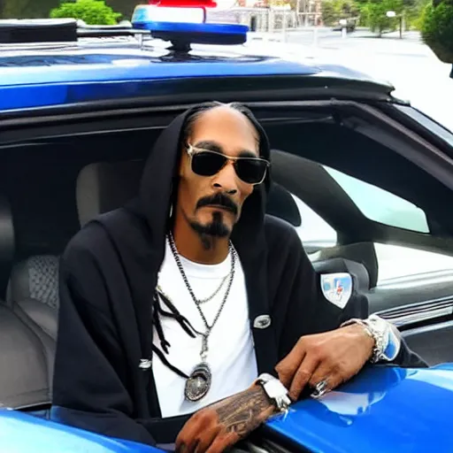 Image similar to Snoop Dogg is sitting in a police car wearing a cap C-13