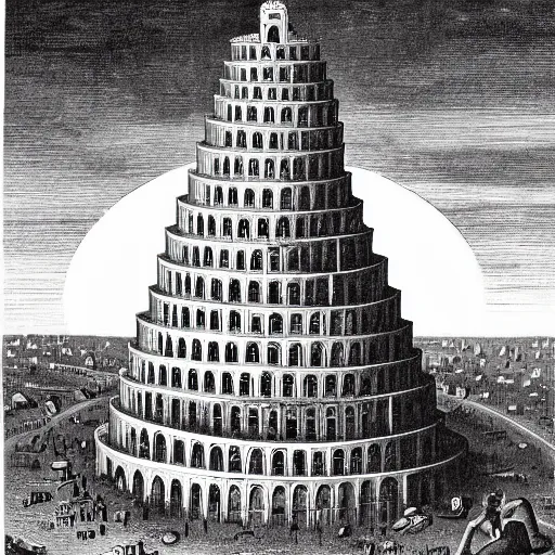 Prompt: the tower of babel, dark cartoon scene by charles addams