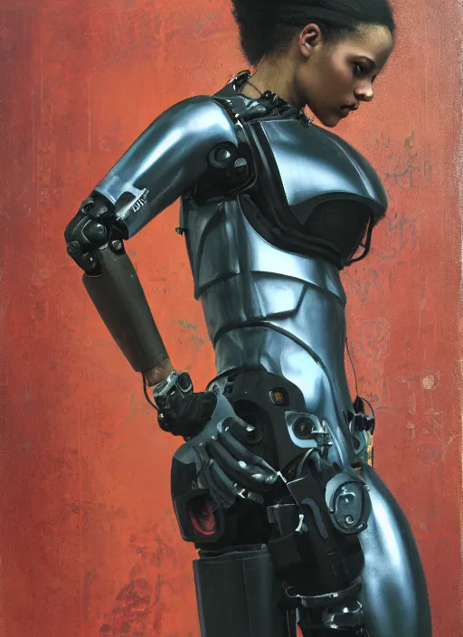 Prompt: Maria Igwe. Beautiful Feminist Cyberpunk mechanic with robotic legs. (Cyberpunk 2077, bladerunner 2049). Iranian orientalist portrait by john william waterhouse and Edwin Longsden Long and Theodore Ralli and Nasreddine Dinet, oil on canvas. Cinematic, vivid colors, hyper realism, realistic proportions, dramatic lighting, high detail 4k