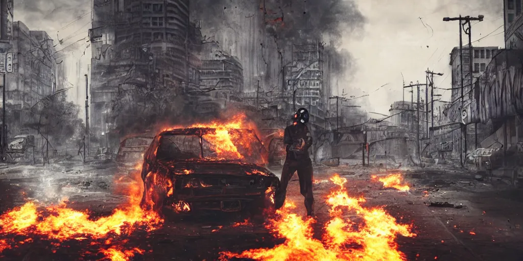 Prompt: post - apocalyptic city streets, close - up shot of an anarchist with a gasmask, burning cars, explosions, acid color smoke, hyperrealistic, gritty, damaged, urban photography, photorealistic, high details