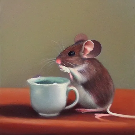 Image similar to A mouse cozied up for the evening sipping tea, oil painting