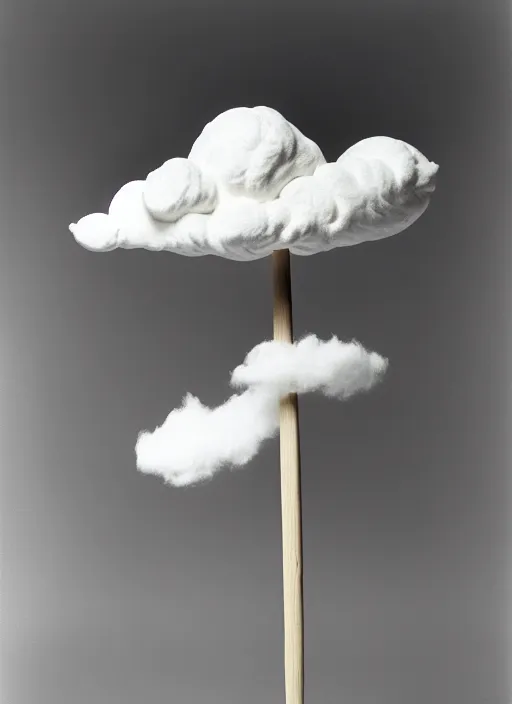 Image similar to realistic photo of a scientific model of white cloud made of white clay, mounted to a wooden stick, front view 1 9 9 0, life magazine reportage photo, metropolitan museum photo