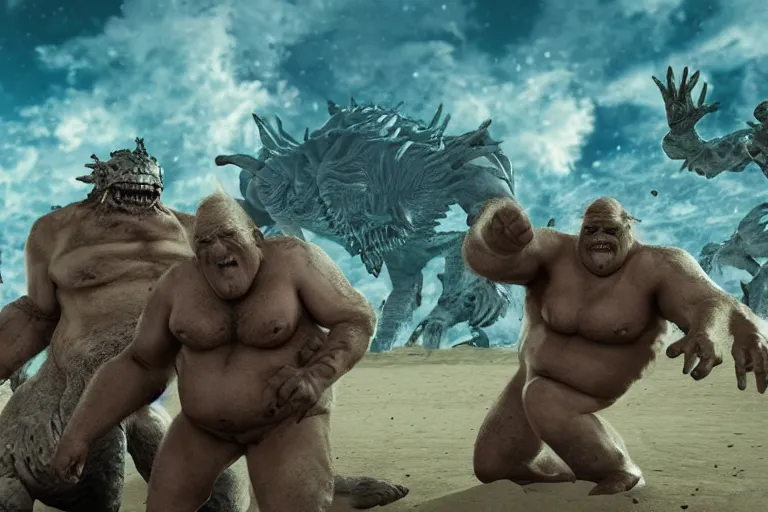 Prompt: photo, friends, man two old hairy fat ugly men! fighting alien monsters 4 0 5 4 7 on a beach, highly detailed, scary, intricate details, volumetric lighting, front view