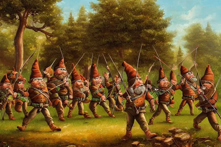 Prompt: an army of gnomes sending an arrow volley at a tree. canvis oil painting