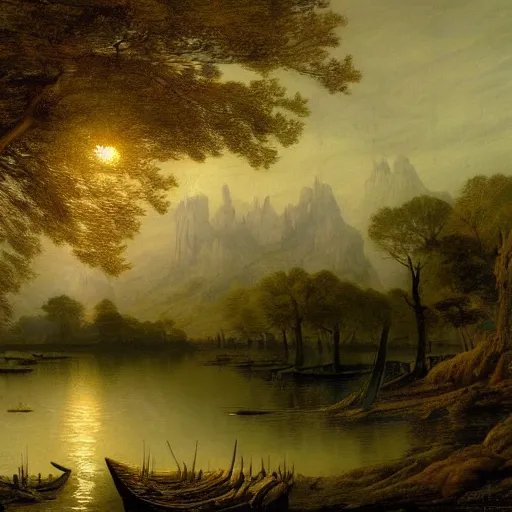 Image similar to an ethereal intricate and fantastically horrifying hyperdetailed painting of a lake by darrell bush, zaria forman, maxim grunin, carina francioso, jan van goyen, and caspar david friedrich 8 k resolution