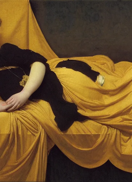 Image similar to masterpiece portrait of lady reclining on bed wearing yellow ochre ornate medieval dress, vertical, foreshortening, colour photography by frederic leighton, william morris, 8 k