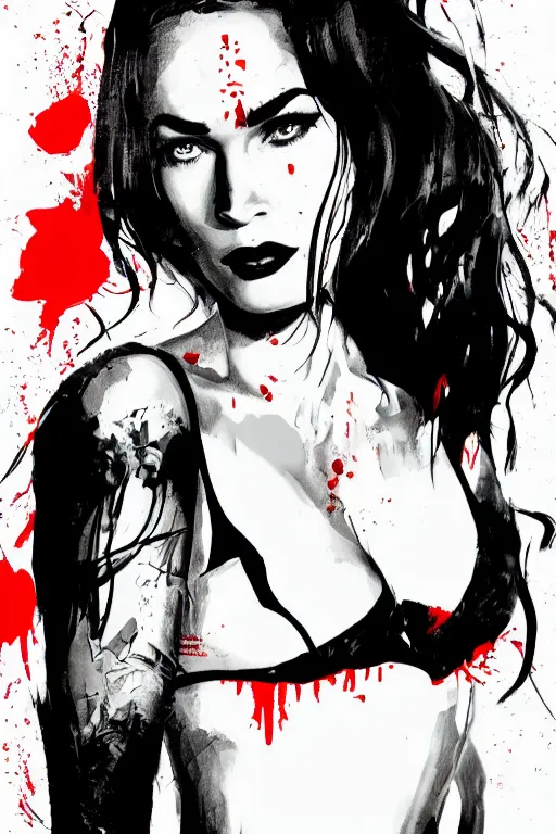 Image similar to dream of a film still from sin city, closeup portrait of film noir megan fox private detective, detailed illustration, digital art, trending on artstation, frank miller, martin ansin, movie poster, dripping paint, red on black, graffiti, gta v,