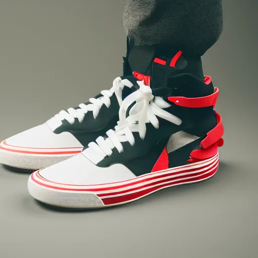 Image similar to a studio photoshoot of new Nike high top sneaker with red white wave stripes, designed by Virgil Abloh, leather and suede, Off-White, realistic, color film photography by Tlyer Mitchell, 35 mm, graflex