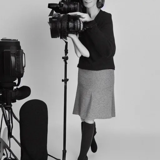 Prompt: woman wearing skirt taking a photograph with a studio camera