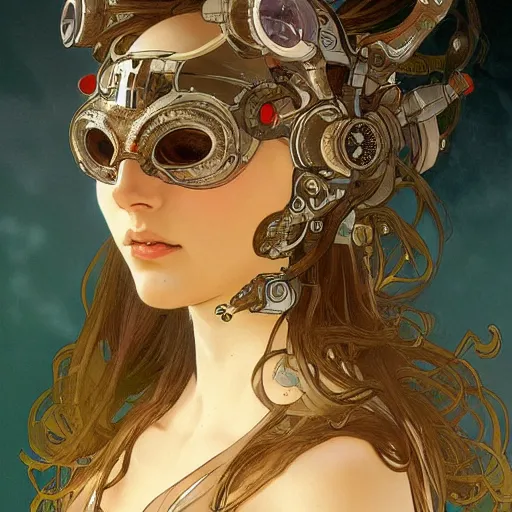 Prompt: A close-up portrait of a beautiful female cyborg wearing an intricate venetian mask by Alphonse Mucha, exposed inner structure, glowing eyes, wlop, trending on artstation