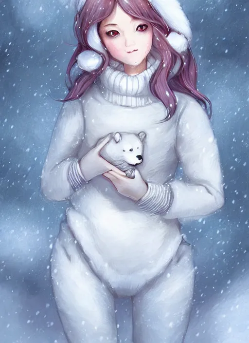 Prompt: award winning beautiful portrait commission art of a female furry anthro polar bear fursona with a cute beautiful attractive detailed feminine furry face wearing a cute stylish winter sweater and pants at a comfy winter cabin at dusk by firelight. Character design by charlie bowater, ross tran, artgerm, and makoto shinkai, detailed, inked, western comic book art