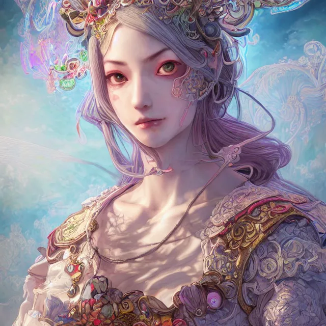 Prompt: studio portrait of neutral good rainbow colorful female cleric bard healer as absurdly beautiful, elegant, young skinny sensual gravure idol, an ultrafine hyperdetailed illustration by kim jung gi, intricate linework, detailed faced, sharp focus, bright colors, octopath traveler, final fantasy, unreal engine 5 highly rendered, global illumination, radiant light, detailed and intricate environment