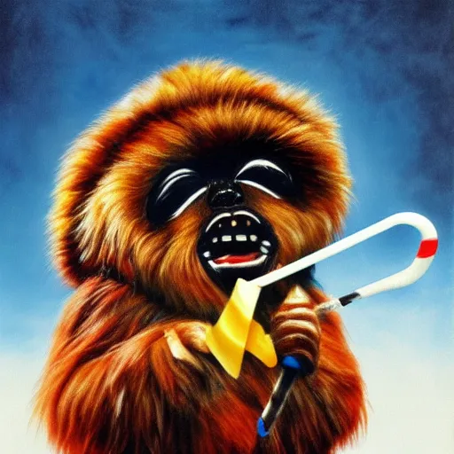 Prompt: An ewok eating a lollipop, Airbrush art