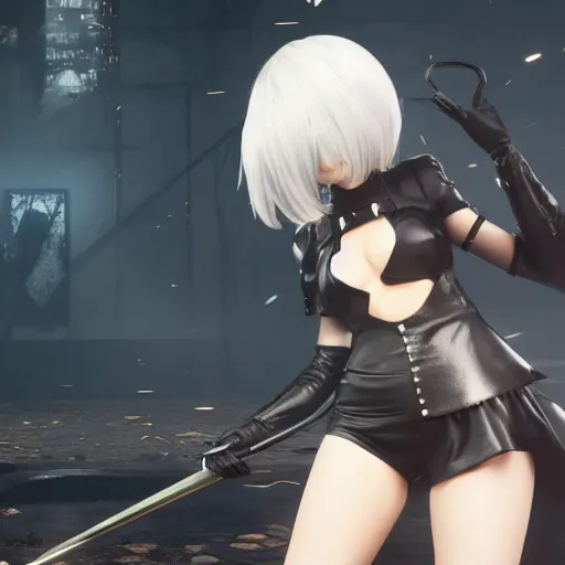 Image similar to 2B nier automata pointing at the screen, 4k, realistic, unreal engine render, trending in artstation, artstationHD, artstationHQ