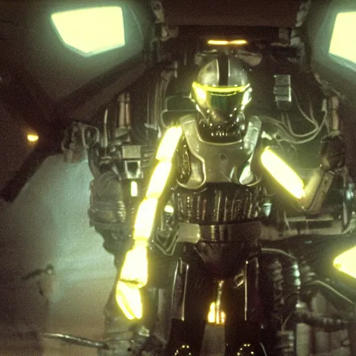 Image similar to movie still, 1 9 8 0 s, harrison ford as armored alien hunter, hyperdetailed, blue leds