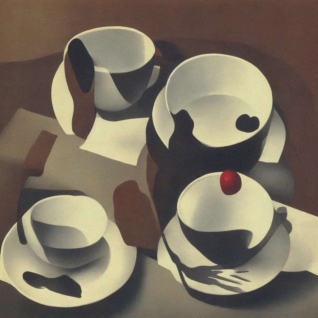 Image similar to Rene Magritte painting of a cup of tea, high quality, surrealist