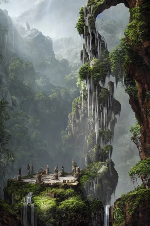 Image similar to carved into a Mountain a temple above a waterfall, arches adorned pillars, archways, gnarly trees, lush vegetation, forrest, a small stream runs beneath the waterfall, landscape, raphael lacoste, eddie mendoza, alex ross, concept art, matte painting, highly detailed, rule of thirds, dynamic lighting, cinematic, detailed, denoised, centerd