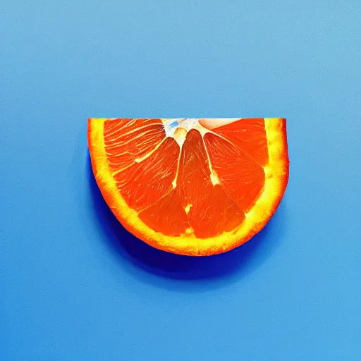 Prompt: a blue orange sliced in half laying on a blue floor in front of a blue wall, hyper realistic, ambient lighting, concept art, intricate, hyper detailed, smooth, dynamic volumetric lighting, octane, cinematic, high quality, high resolution, 4 k