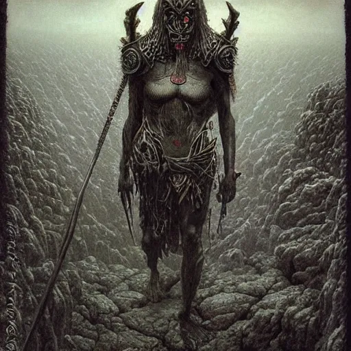 Image similar to dark elf warrior, beksinski