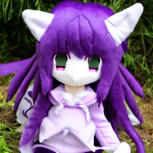 Image similar to cute fumo plush of a purple haired girl with fennec ears and purple eyes