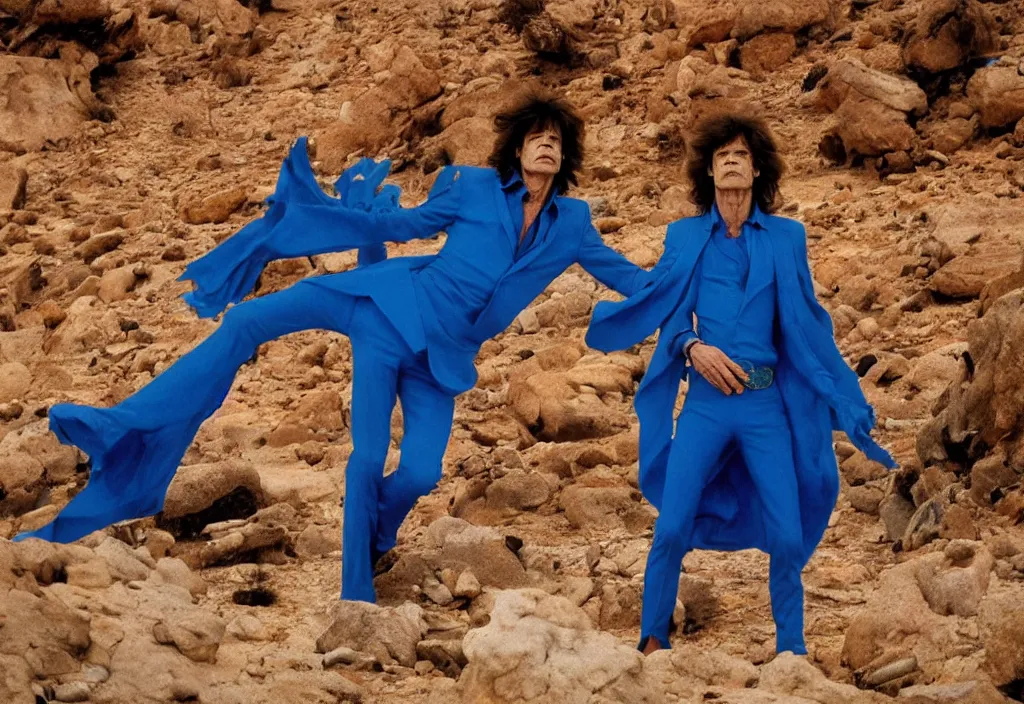 Image similar to mick jagger dressed in blue costume with many jewels in a dry rocky desert landscape, ultradetailed alien complex city and giant alien spaceship in the background, by christopher doyle and alejandro jodorowsky, anamorphic lens, kodakchrome, cinematic composition, masterpiece, 8 k