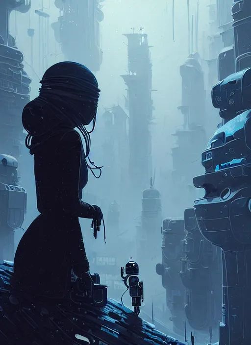 Prompt: highly detailed portrait of a moody frostpunk long blonde hair lady with droid companion, stray wiring by atey ghailan, james gilleard, by joe fenton, by greg rutkowski, by greg tocchini, by kaethe butcher, 4 k resolution, gradient blue, black and white color scheme!!! ( ( glaciated dystopian city background ) )