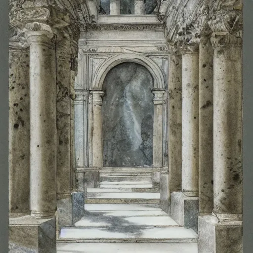 Prompt: delicate marble garden on paper, stony, puffy, botanical herbarium, botanic watercolors, iridescent, 8 k wide angle, realistic shaded, fine details, artstation, italian, colonnade, oak tree, hydrangea, gardena architecture, pompeii