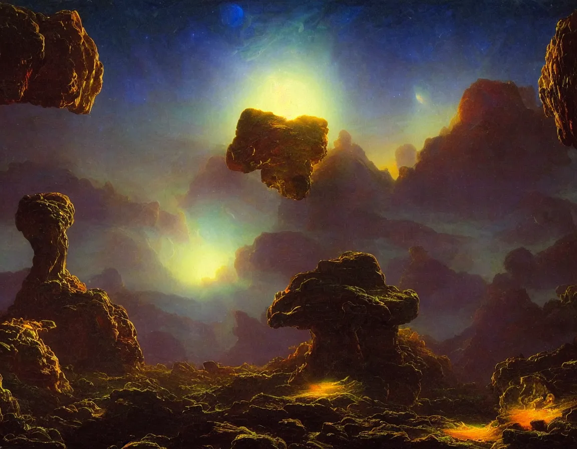 Image similar to trippy alien planet with blue bioluminescent flora at night, concept art by albert biertadt, thomas cole, frederic edwin church, hudson river school, majestic, awe - inspiring, breathtaking