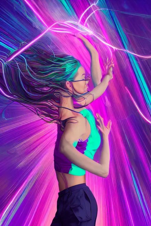 Image similar to a award winning half body portrait of a beautiful woman in a croptop and cargo pants with ombre purple pink teal hairstyle with head in motion and hair flying, surrounded by whirling illuminated lines, outrun, vaporware, shaded flat illustration, digital art, trending on artstation, highly detailed, fine detail, intricate