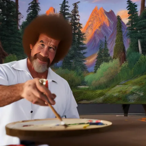 Prompt: a closeup photorealistic photograph of bob ross working on a canvas painting of fred flintstone. film still. brightly lit scene. mountains and trees. this 4 k hd image is trending on artstation, featured on behance, well - rendered, extra crisp, features intricate detail, epic composition and the style of unreal engine.